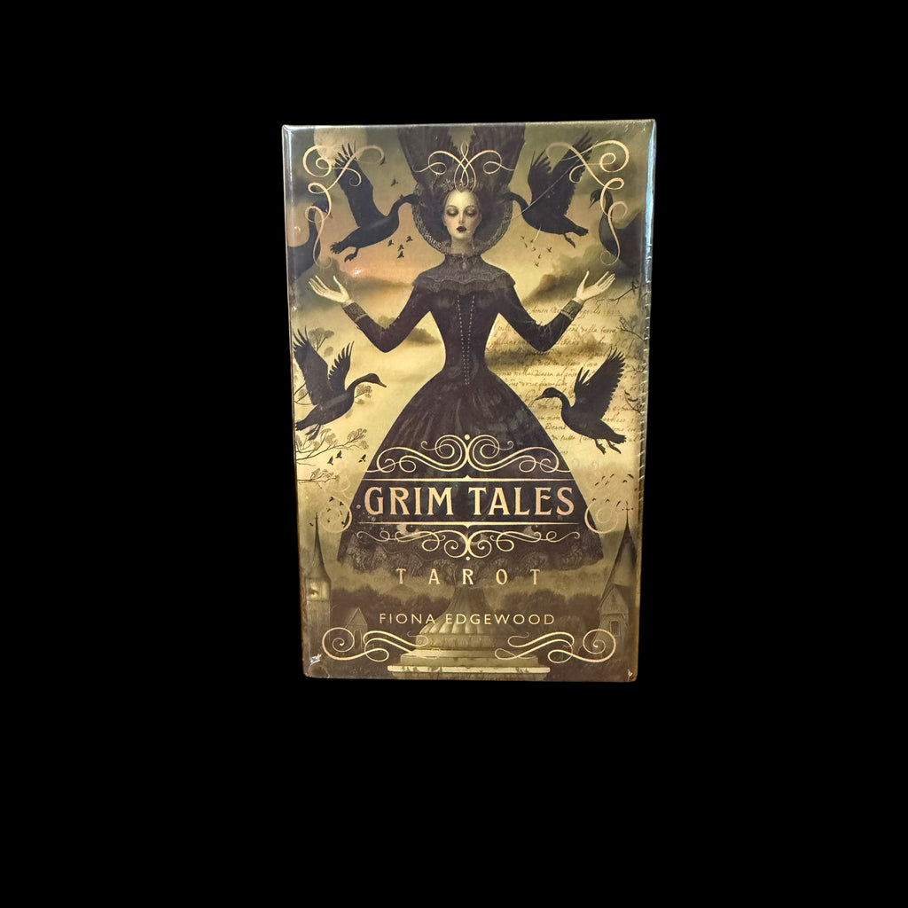 Grim Tales Tarot deck box featuring a dark gothic woman with ravens by Fiona Edgewood