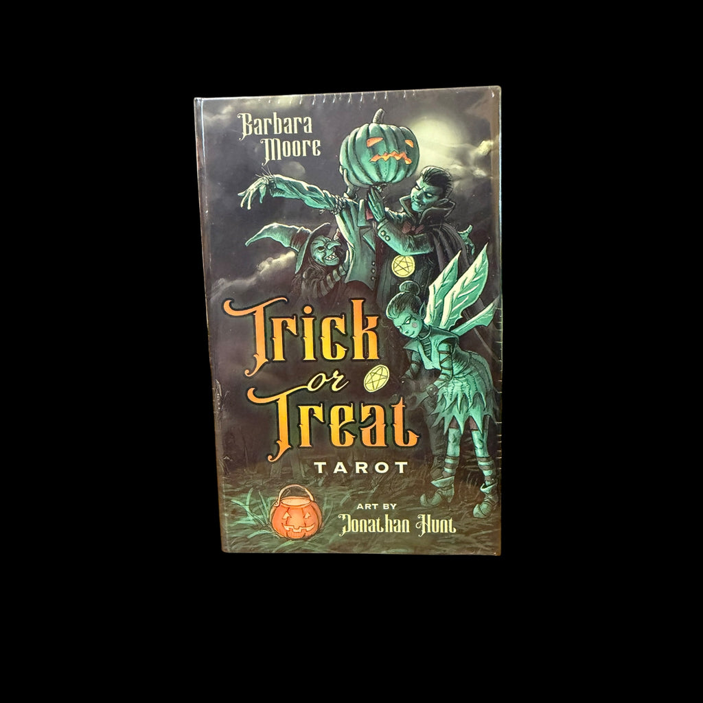 Trick or Treat Tarot deck box featuring Halloween characters by Barbara Moore and Jonathan Hunt